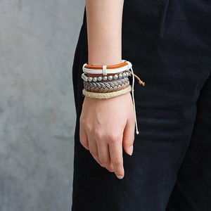 Bohemian multi-layer leather and woven rope bracelet set with metal beads for women and men