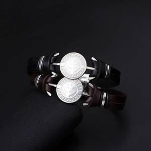 Men's nautical anchor leather bracelets in black and dark brown with stainless steel charms