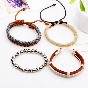 Multilayer set with leather, braided wax rope, and silver beads in a 45-degree view