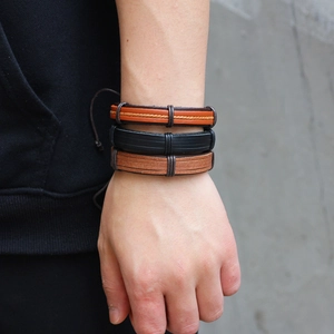 Men's retro leather bracelet set in black and brown styles for a casual vintage look