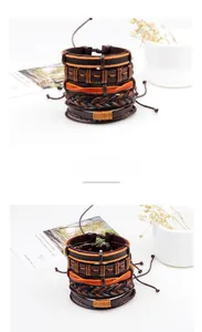 Detail of vintage brown braided leather multilayer bracelet set with adjustable knots
