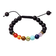Detail of 7 chakra lava stone healing bracelet with adjustable braided black cord