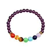 Macro shot of 7 Chakra natural stone beads with golden metal spacers on elastic bracelet