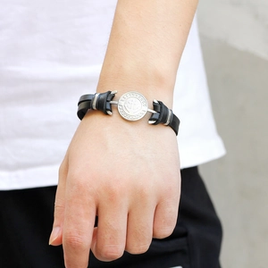 Navy style multi-layer black leather bracelet with silver anchor pattern metal charm