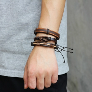 Five-piece set of men's vintage leather bracelets with punk rivets and braided cords