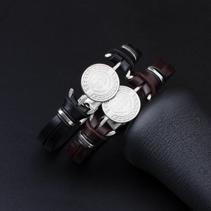 Navy style stainless steel anchor leather bracelets in black and brown colors