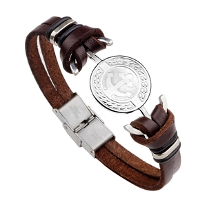Men's nautical brown leather bracelet with silver stainless steel anchor charm