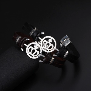Retro crown stainless steel leather bracelets in black and brown for couples