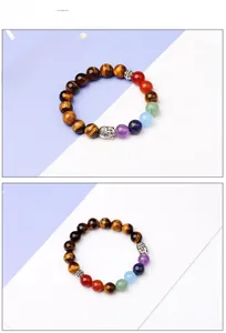Detailed macro view of multi-color chakra beads and engraved Buddha head charm bracelet