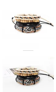 Detailed view of bohemian multilayer beaded bracelet set with braided rope and natural wood