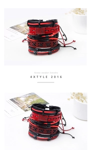 Detail of multi-layer braided leather bracelets with X-shaped stitching and red-black cords