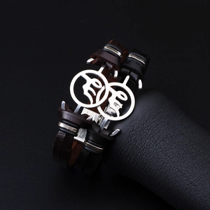 Braided leather bracelet with stainless steel anchor charm featuring letter E design