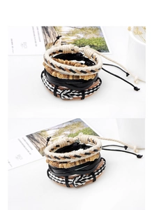 Detail of multi-layer braided leather bracelet with wooden beads and adjustable cord