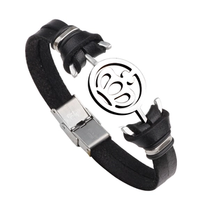 Retro black leather crown bracelet with stainless steel clasp shown from a 45-degree angle
