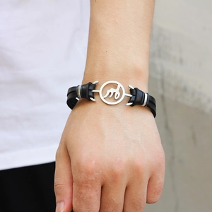 Men stainless steel anchor leather bracelet with silver finish letter M charm