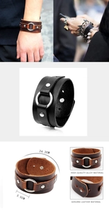 Detail view of wide punk leather bracelet showing high-quality alloy ring and snap closure