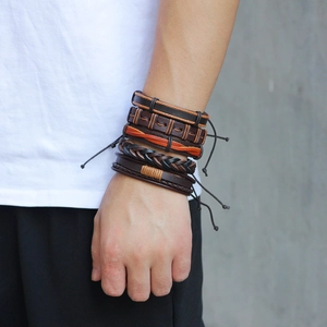 5-piece men's punk vintage brown woven leather bracelet set featuring multi-layer stacking
