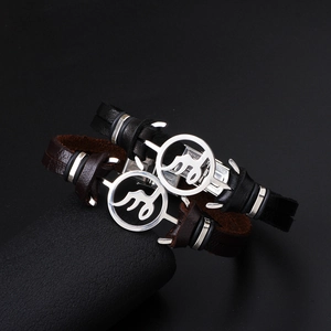 Men's double-wrap leather bracelets with stainless steel anchor charm in black and brown