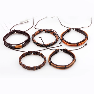 Five-piece set of men's vintage brown leather braided bracelets with layered punk design