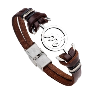 Brown leather anchor style bracelet with stainless steel Capricorn symbol for men