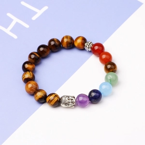 Natural Tiger Eye Stone Agate Seven Chakra Beaded Bracelet Retro Silver Alloy Buddha Head Stretch Yoga Energy Balancing Bracelet For Women Men