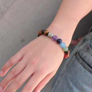 Chakra beaded bracelet with tiger eye stones and silver Buddha head on wrist