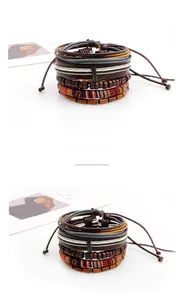 Detail view of five-piece multilayer leather bracelet set with wooden beads and woven cords