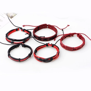 Five-piece set of red and black woven leather bracelets with vintage bohemian style