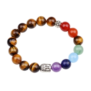 Chakra tiger eye beaded bracelet with silver Buddha head on a clean white background