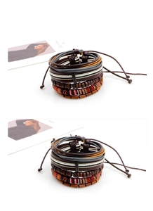 Detail of bohemian multilayer leather bracelet set with wooden beads and adjustable cords