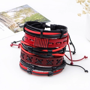 Handmade woven leather bracelet set in retro red and black styles with adjustable cords