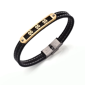 Classic black leather bracelet with golden four-leaf clover stainless steel plate
