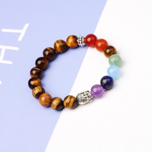 Tiger eye and chakra stone buddha bracelet with silver-tone metal head on white background