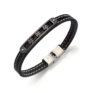 Classic black braided leather bracelet with clover metal plate and stainless steel clasp