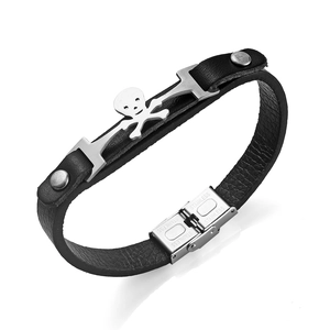 Punk style mens black leather bracelet with silver skull charm and stainless steel clasp