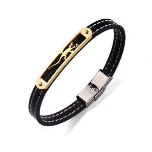 Bracelet pour homme en cuir noir avec plaque gecko dorée et fermoir en acier inox