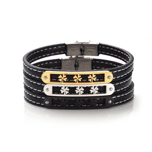 Three-piece leather bracelet set with stainless steel four-leaf clover metal plates