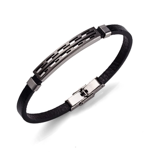 Minimalist black braided leather men's bracelet with dark gray geometric metal ornament