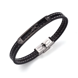 Classic black leather bracelet for men featuring a steel scorpion motif and contrast stitching