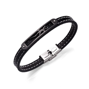 Bracelet classique en cuir noir pour homme avec breloque gecko et fermoir en acier