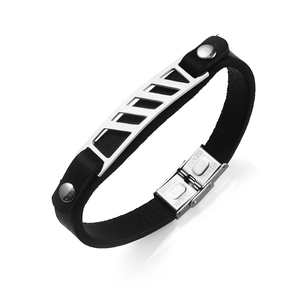 Bracciale da uomo in pelle nera intrecciata con inserti in acciaio inox e chiusura a scatto