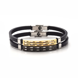 Men's double-layered leather bracelet set with geometric metal plate and steel clasp