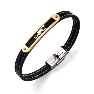 Classic black leather bracelet with golden scorpion metal plate and stainless steel buckle