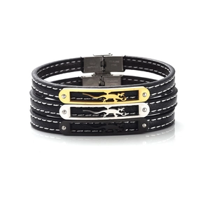 Lot de trois bracelets en cuir noir pour hommes avec breloques gecko en acier