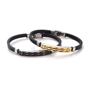 Mens black genuine leather braided bracelet with gold and black stainless steel accents