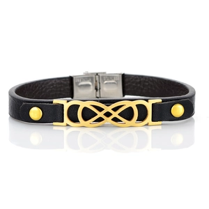 Classic double-layer black leather bracelet with a golden infinity symbol and stainless steel clasp