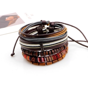 Five-piece multilayer leather bracelet set with wooden beads and ethnic woven patterns