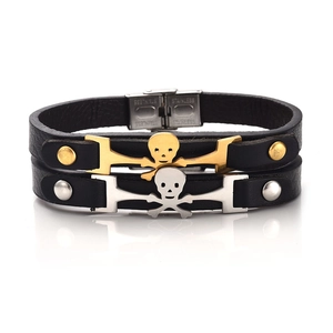 Vintage Punk Rock Men's Genuine Leather Skull Bracelet Stainless Steel Clasp Gothic Crossbones Biker Jewelry For Men