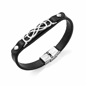 Classic black leather bracelet for men featuring a steel infinity symbol and folding clasp