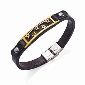 Bracciale in pelle nera con piastra in acciaio inossidabile dorato e cinque stelle